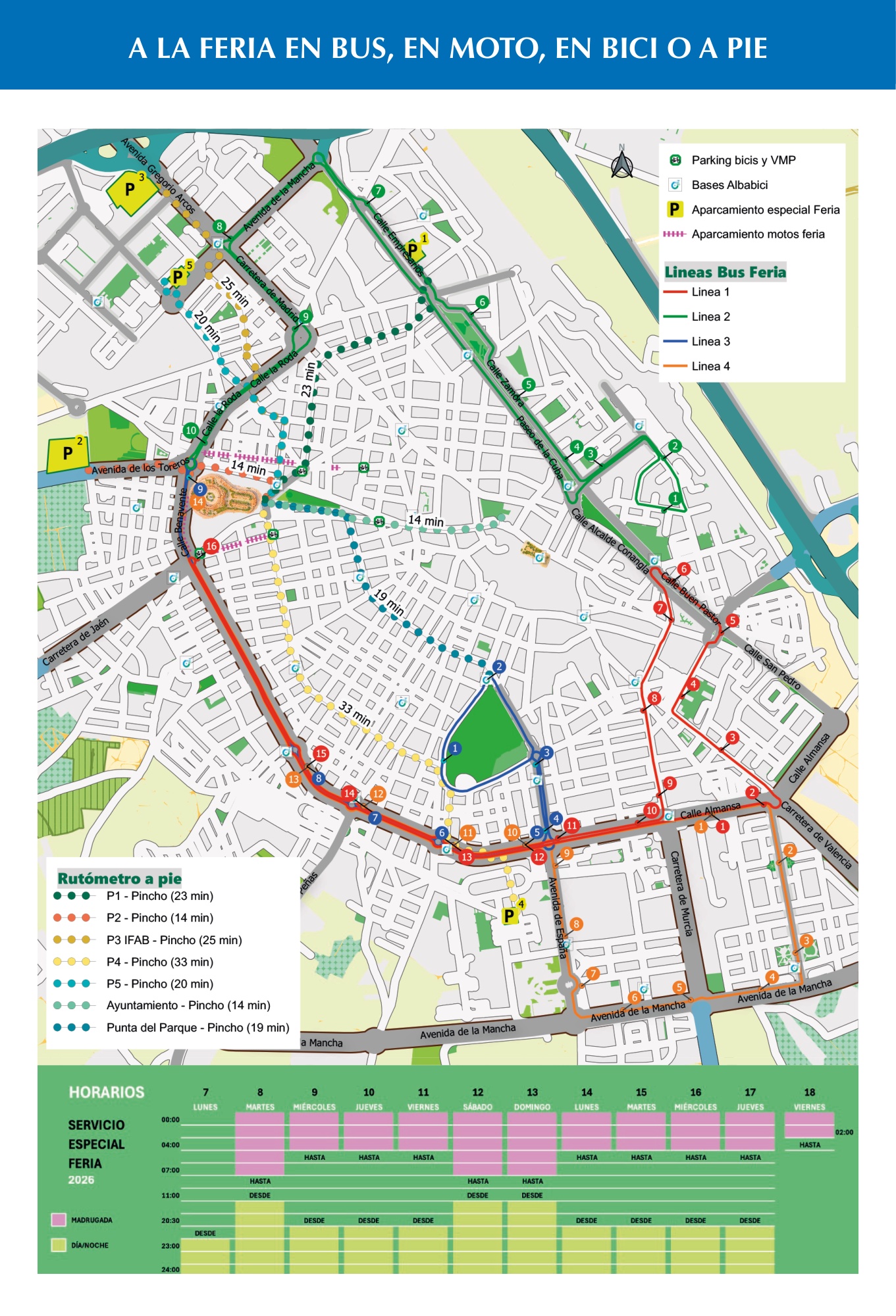 Mapa para llegar a la Feria de Albacete 2026 en autobús, moto, bici o a pie