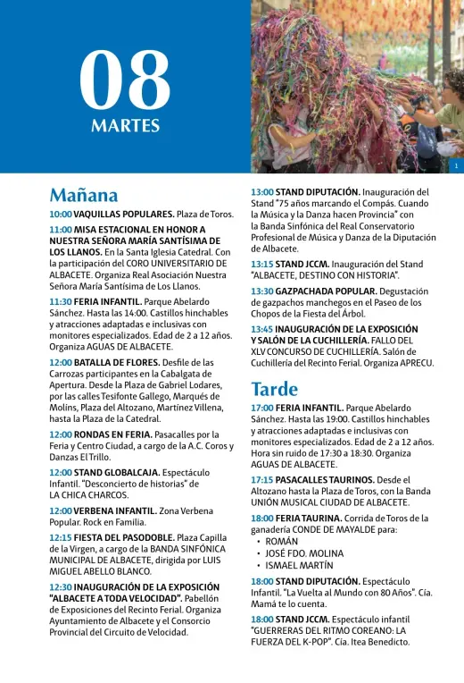 Programa del martes 8 de septiembre por la mañana: misa, Batalla de Flores y Feria Infantil