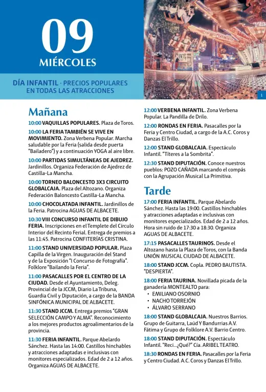 Programa del miércoles 9 de septiembre, Día Infantil, por la mañana