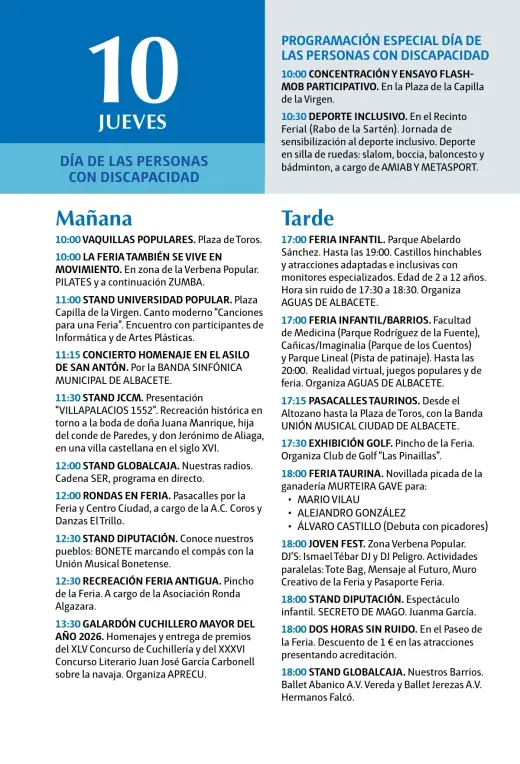 Programa del jueves 10 de septiembre, Día de las Personas con Discapacidad