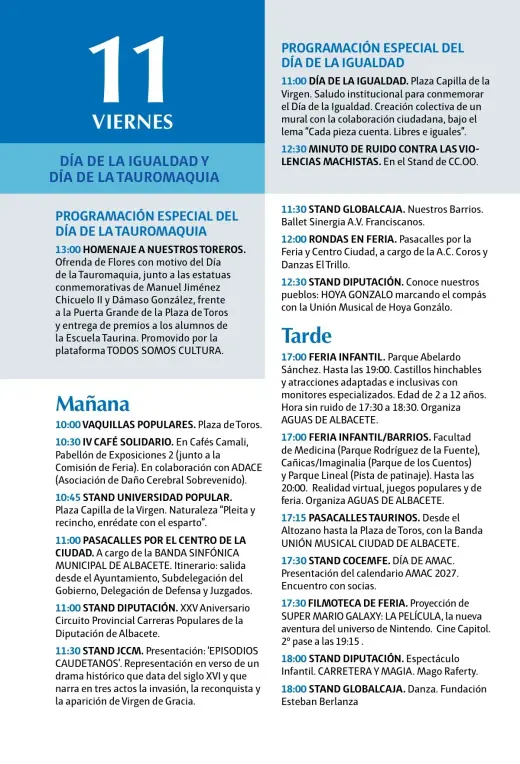 Programa del viernes 11 de septiembre, Día de la Igualdad y Día de la Tauromaquia