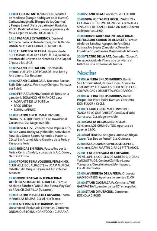 Programa del sábado 12 de septiembre por la tarde y noche