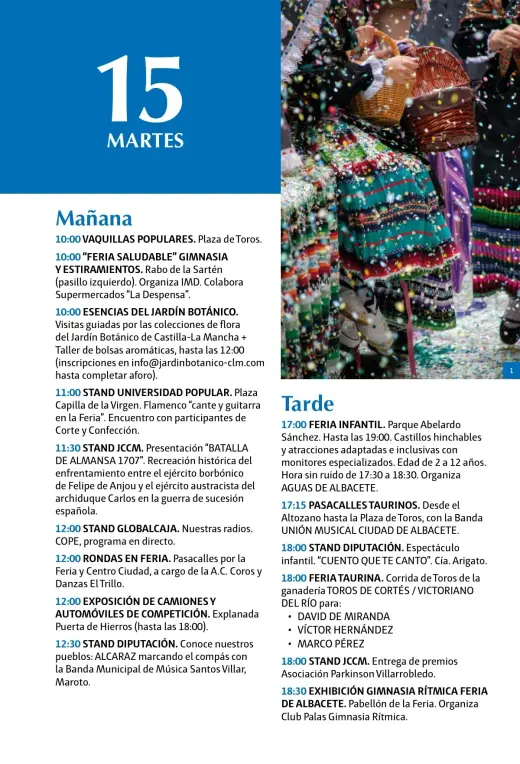 Programa del martes 15 de septiembre por la mañana y la tarde