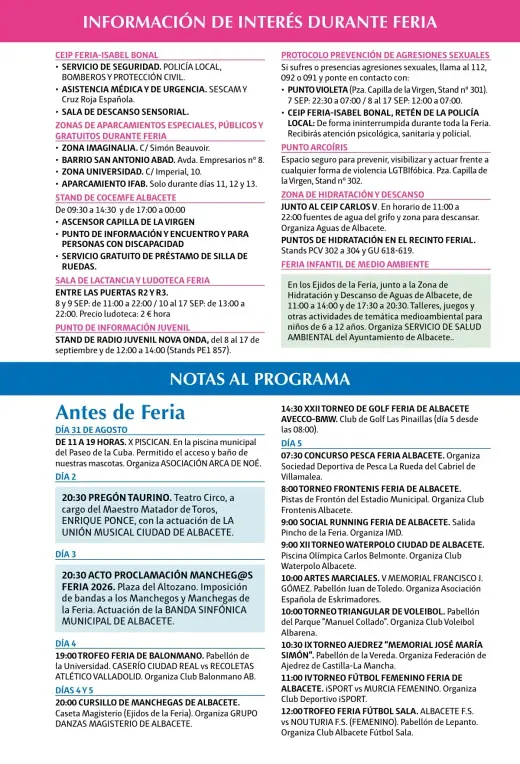 Información de interés durante la Feria y notas al programa: antes de Feria
