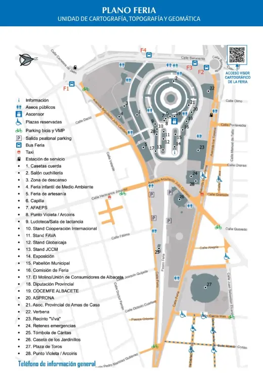 Plano del Recinto Ferial de Albacete con servicios, stands y accesos