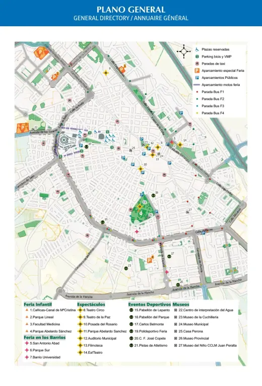 Plano general de Albacete con espacios de la Feria, museos y aparcamientos