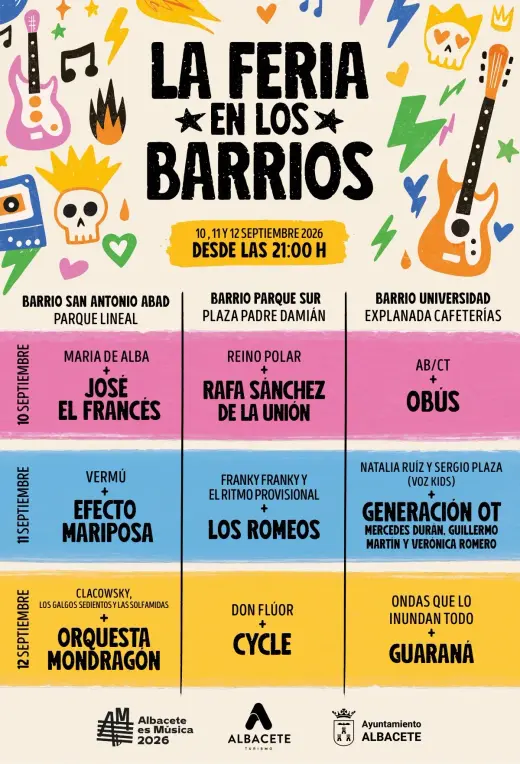 Cartel de La Feria en los Barrios 2026 con los conciertos del 10, 11 y 12 de septiembre