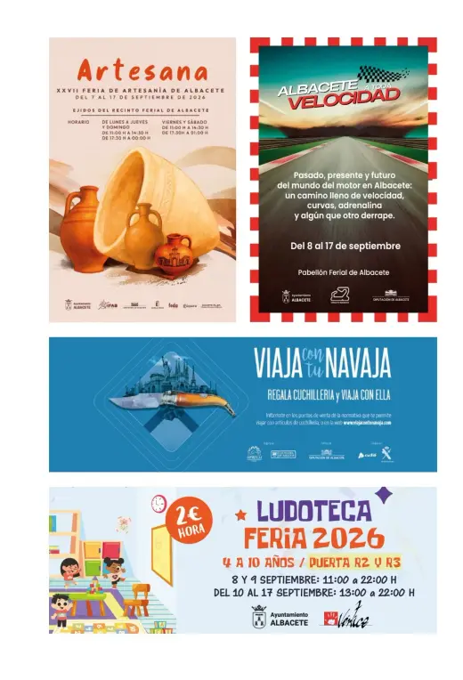 Carteles de Artesana, Albacete a toda velocidad, Viaja con tu navaja y Ludoteca Feria 2026