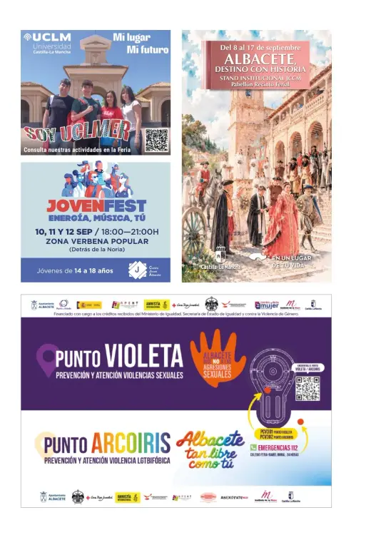 Carteles de la UCLM, Joven Fest, stand de la JCCM y Punto Violeta y Punto Arcoíris