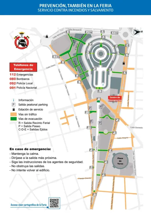 Plano de prevención, vías de evacuación y teléfonos de emergencia de la Feria