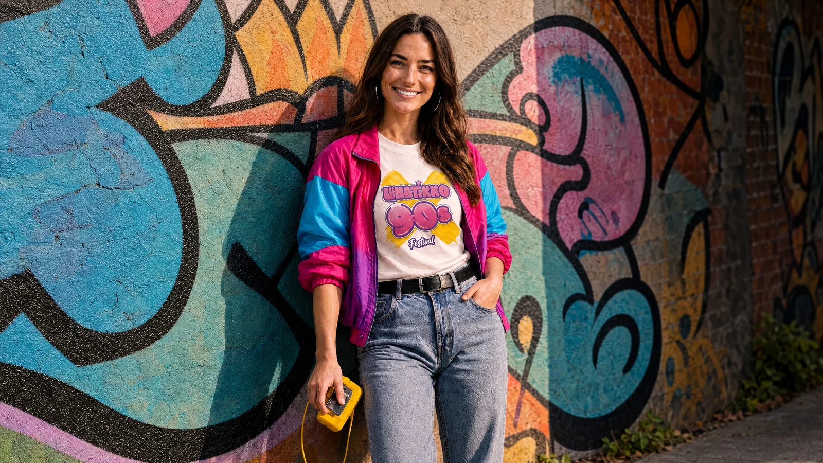 Mujer con camiseta de Lunatikko 90s Festival frente a un mural de grafitis.