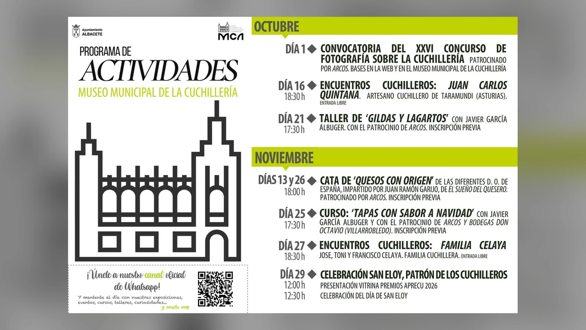 Cartel del programa de actividades del Museo Municipal de la Cuchillería de Albacete: a la izquierda, el título «Programa de actividades» con la ilustración del edificio del museo y un código QR del canal de WhatsApp; a la derecha, las actividades de octubre y noviembre con sus días y horas