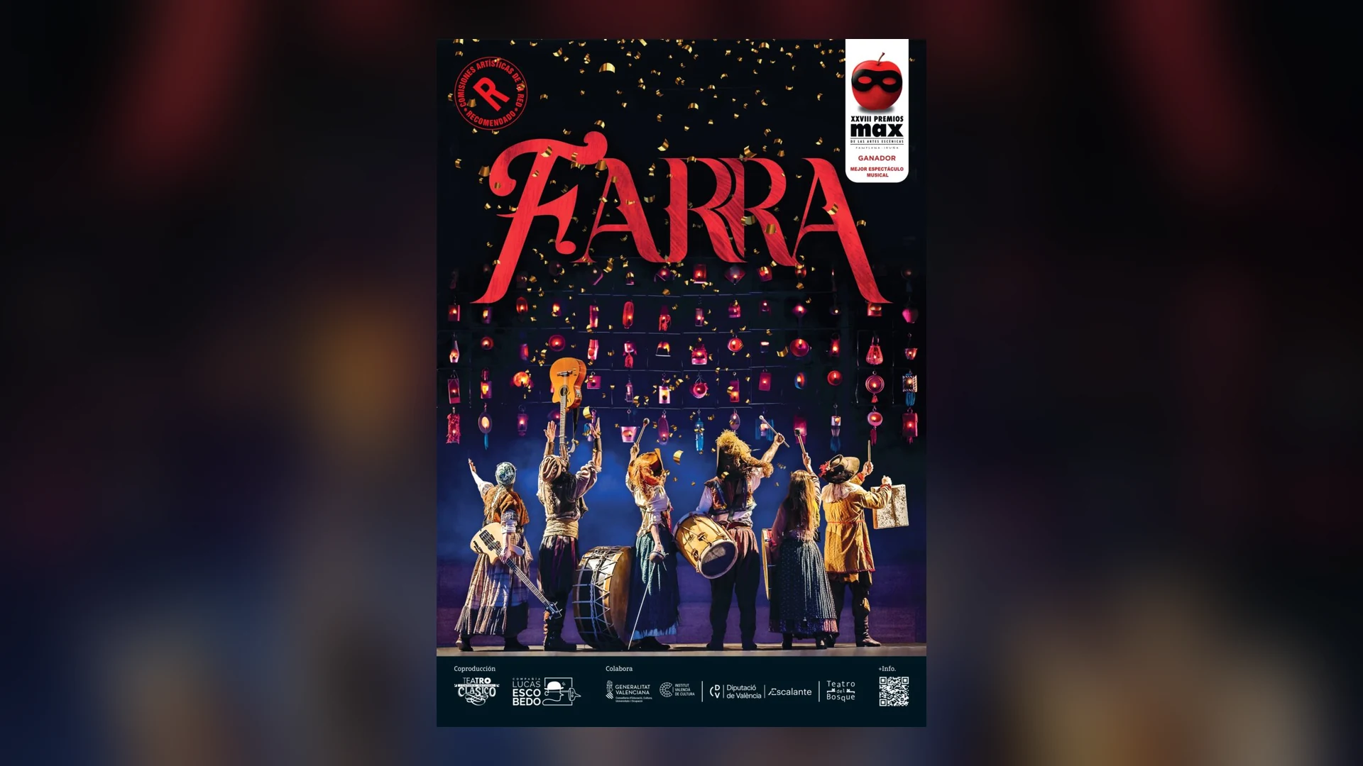 Cartel de FARRA con el título en grandes letras rojas, confeti dorado, farolillos encendidos y seis intérpretes de espaldas con guitarra, bajo y tambores, junto al sello de ganador de los XXVIII Premios Max