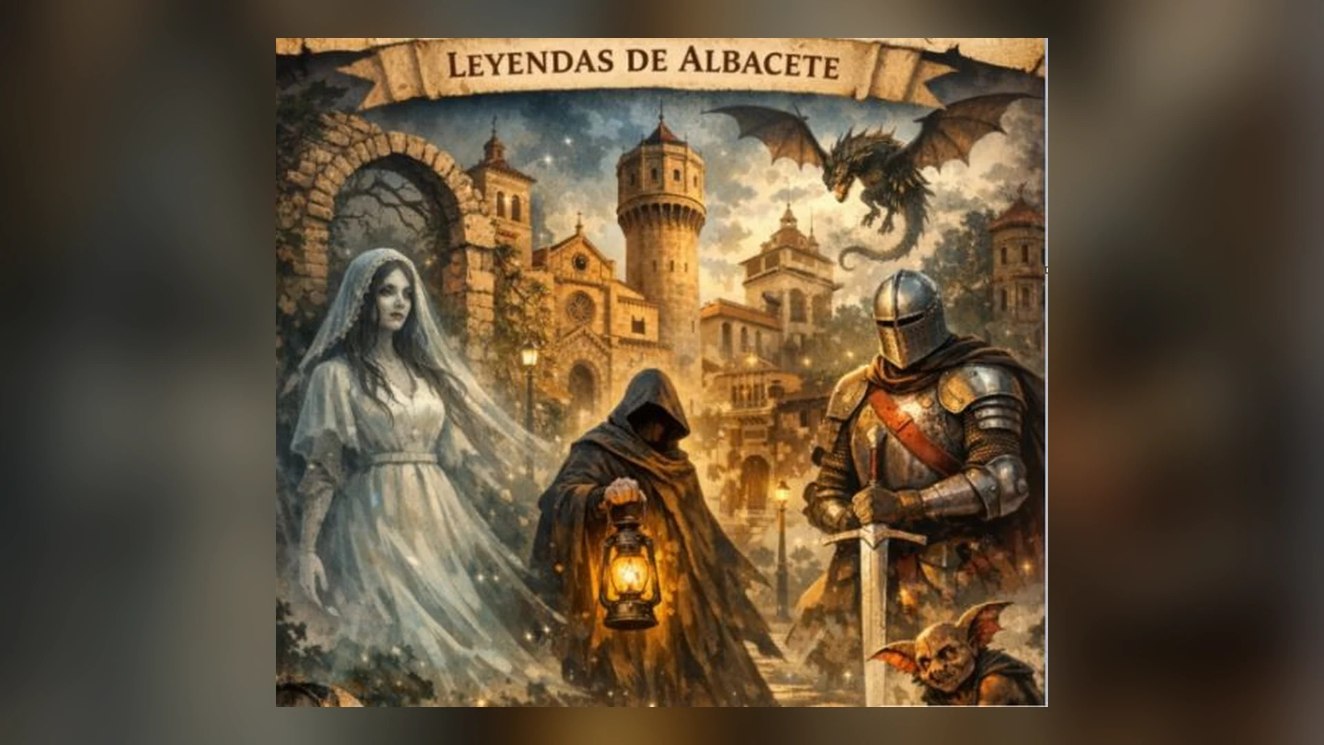 Cartel Leyendas de Albacete: una novia fantasmal, una figura encapuchada con un farol, un caballero con armadura y espada, un dragón y un duende ante edificios históricos de la ciudad