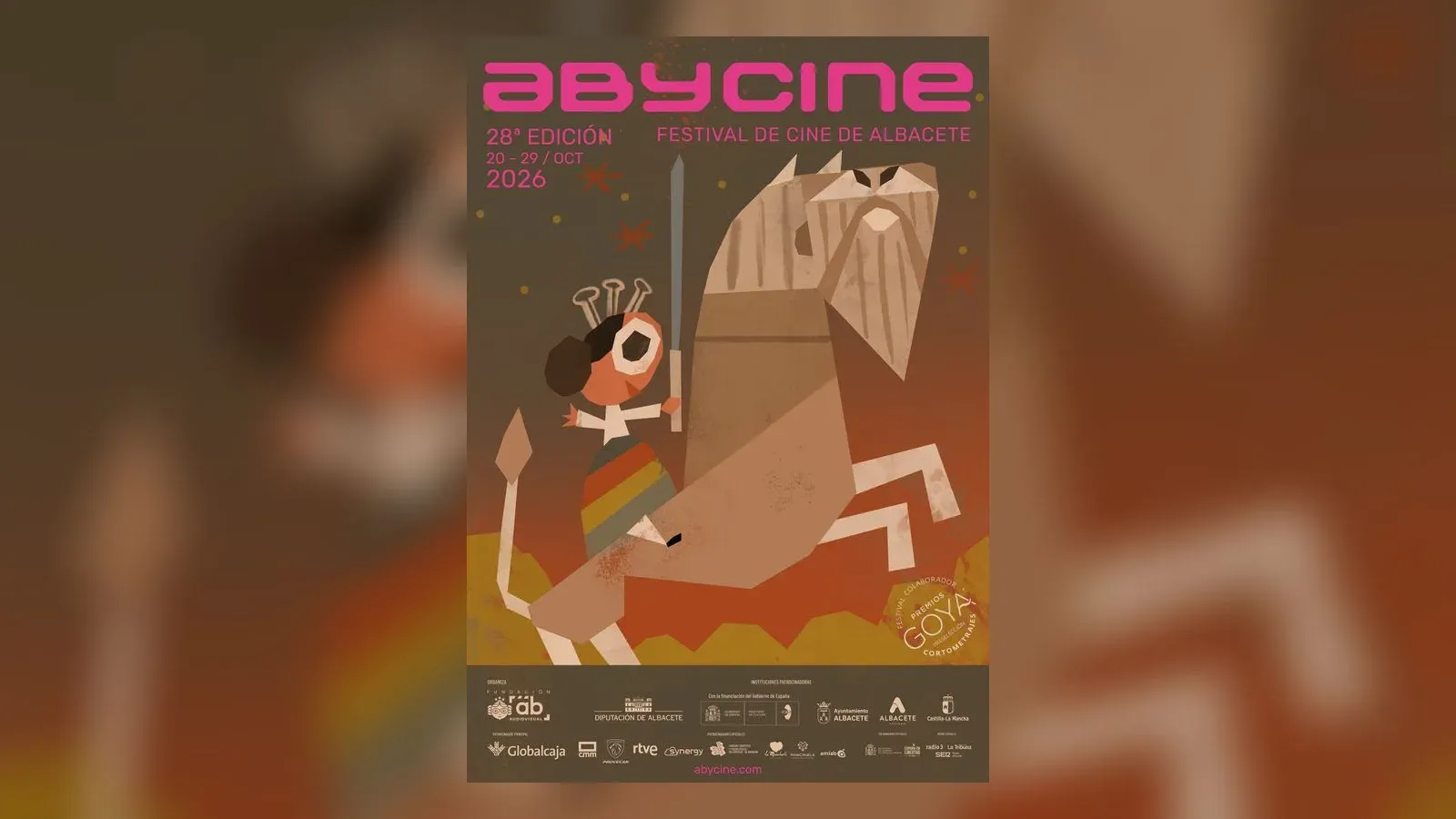 Cartel oficial de Abycine 2026, el festival de cine de Albacete, con la Bicha de Balazote cabalgada por Llaneia