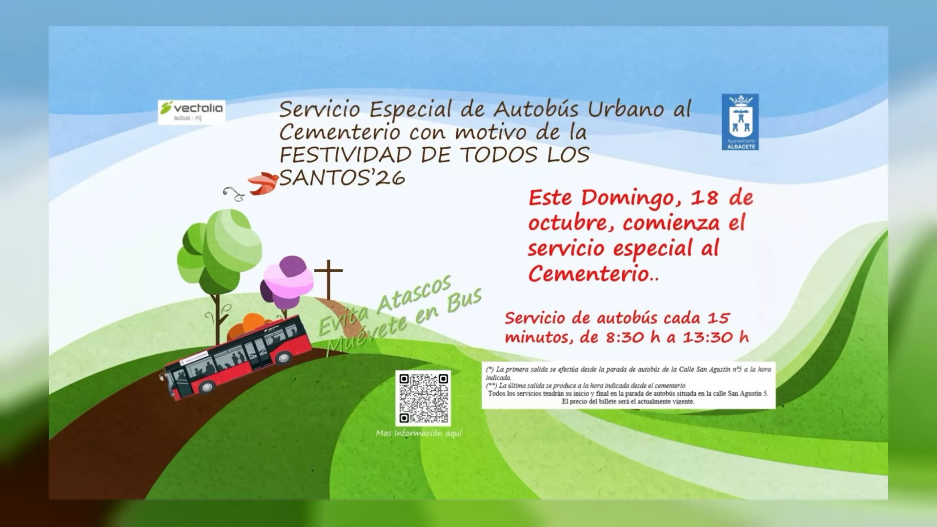 Cartel oficial del servicio especial de autobús urbano al cementerio de Albacete por la festividad de Todos los Santos 2026, con horario y frecuencia