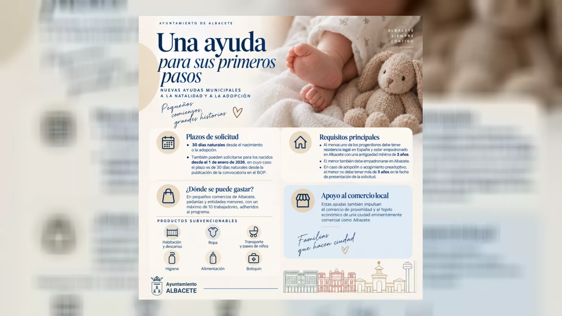 Infografía del Ayuntamiento de Albacete con los plazos de solicitud y los requisitos de las ayudas a la natalidad y la adopción