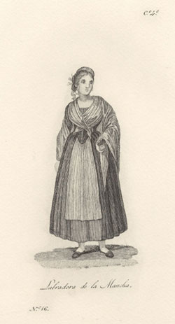 Representación histórica de una labradora de La Mancha con indumentaria tradicional en 1777