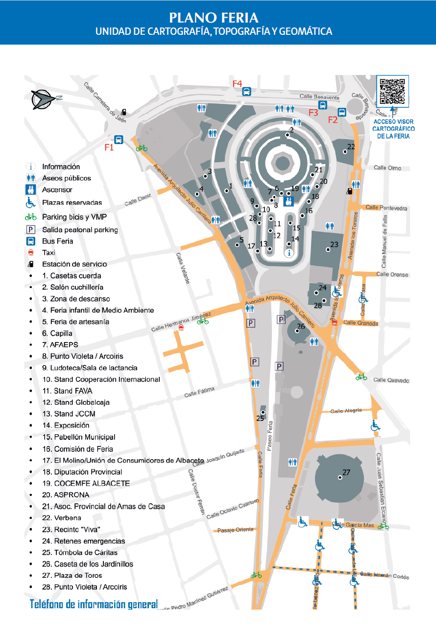 Plano de la Feria de Albacete 2026 con casetas, stands, servicios, accesos, Plaza de Toros y puntos de interés del Recinto Ferial