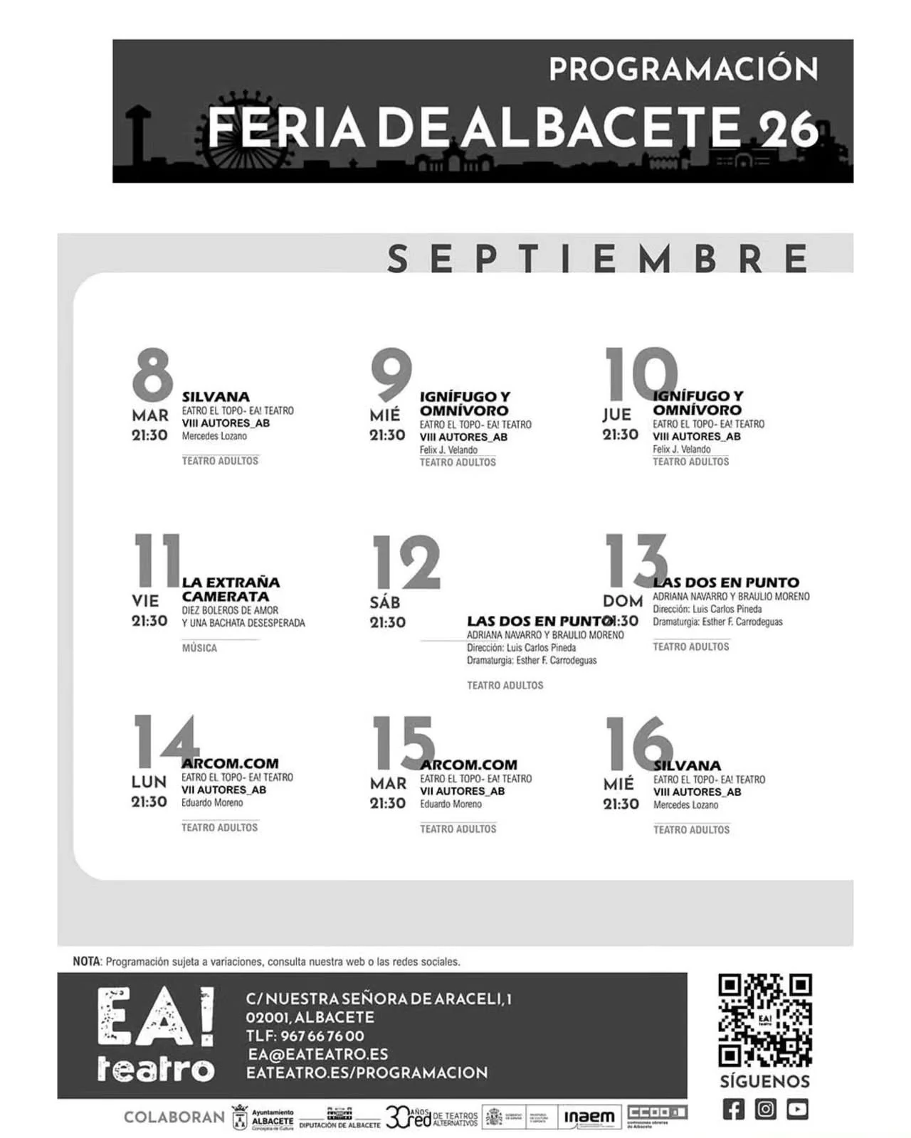 Cartel con las funciones de EA Teatro para la Feria de Albacete 2026