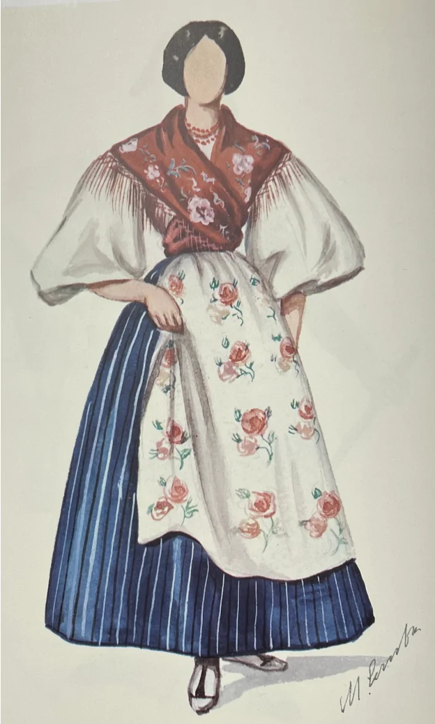 Ilustración de traje de manchega con refajo azul, mandil bordado y mantón