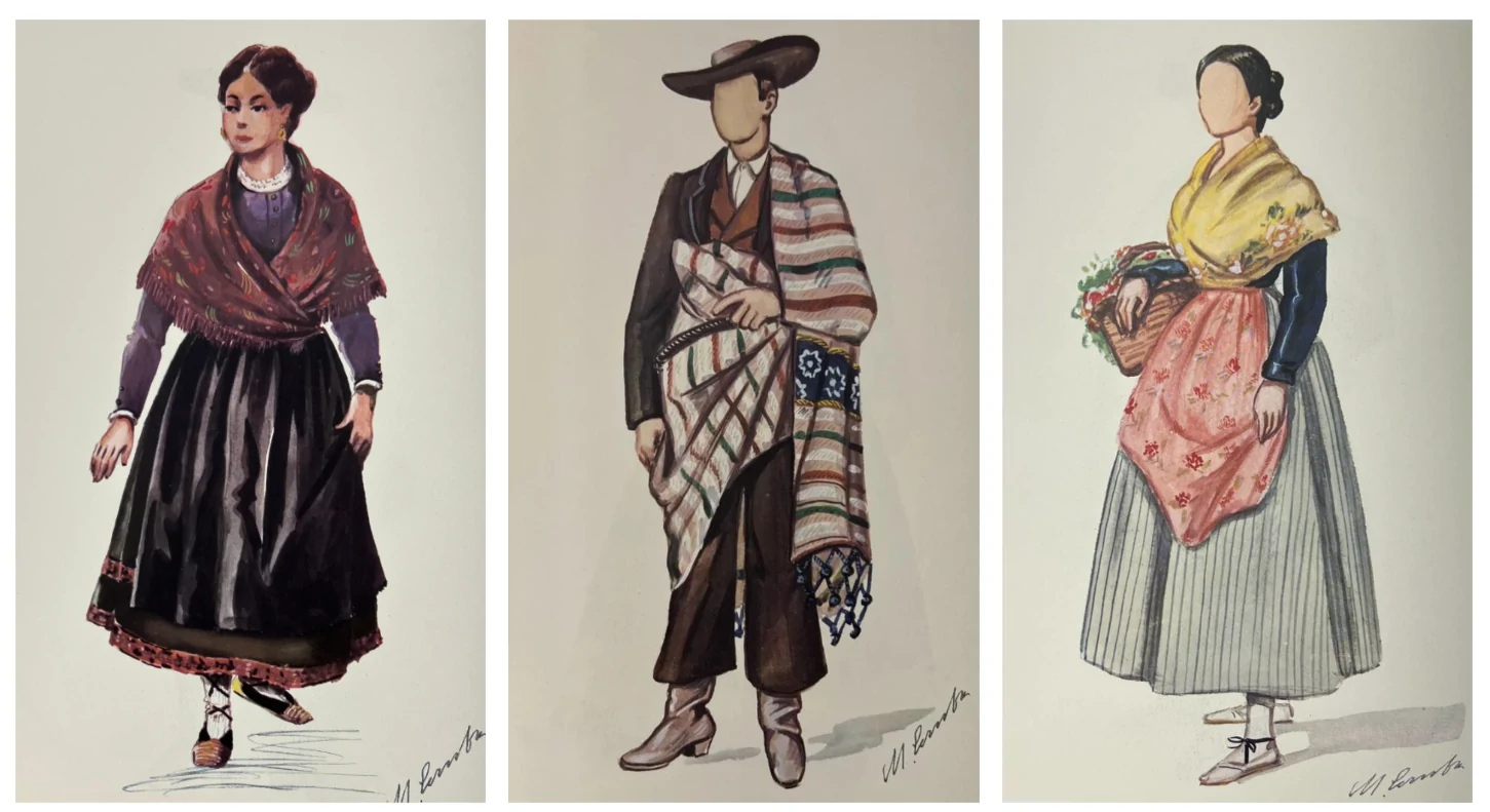 Ilustraciones de tres variantes de indumentaria tradicional manchega femenina y masculina