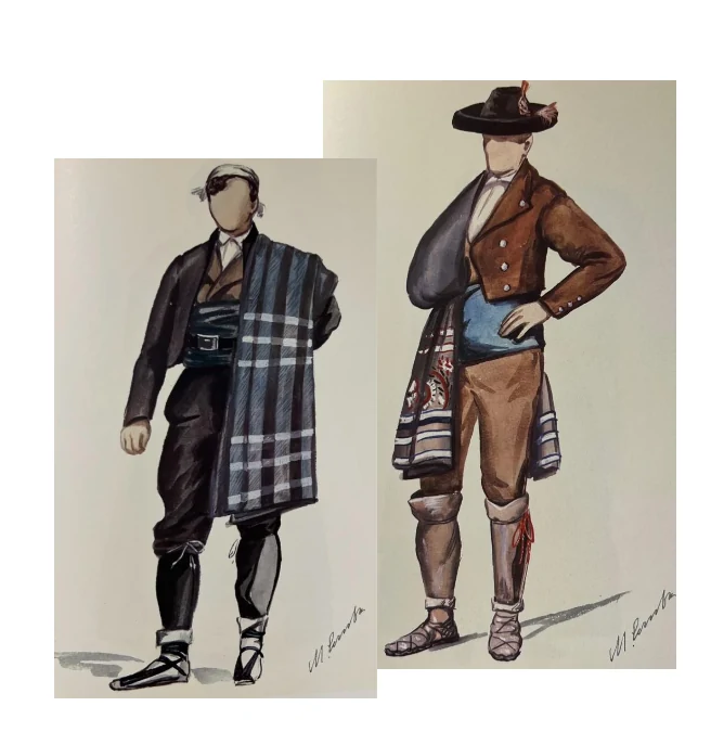 Ilustraciones de dos variantes de traje manchego masculino con fajín, manta y sombrero